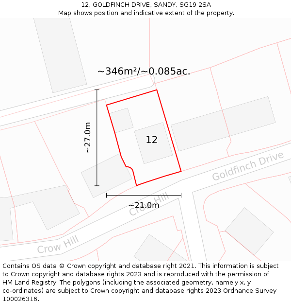 12, GOLDFINCH DRIVE, SANDY, SG19 2SA: Plot and title map