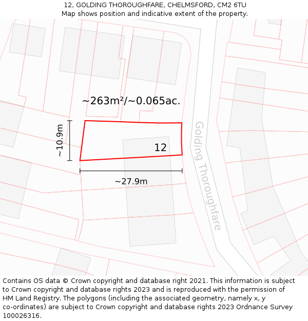12, GOLDING THOROUGHFARE, CHELMSFORD, CM2 6TU: Plot and title map