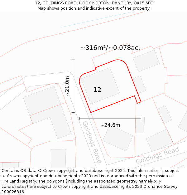 12, GOLDINGS ROAD, HOOK NORTON, BANBURY, OX15 5FG: Plot and title map