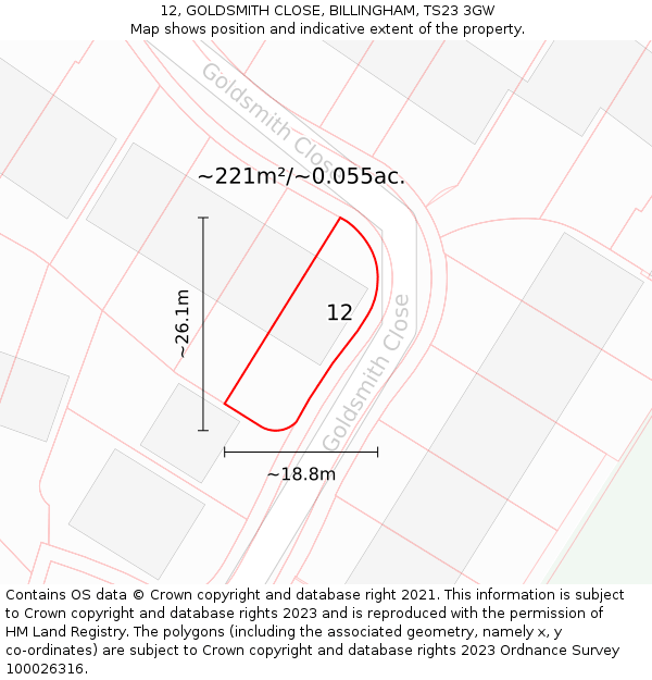 12, GOLDSMITH CLOSE, BILLINGHAM, TS23 3GW: Plot and title map