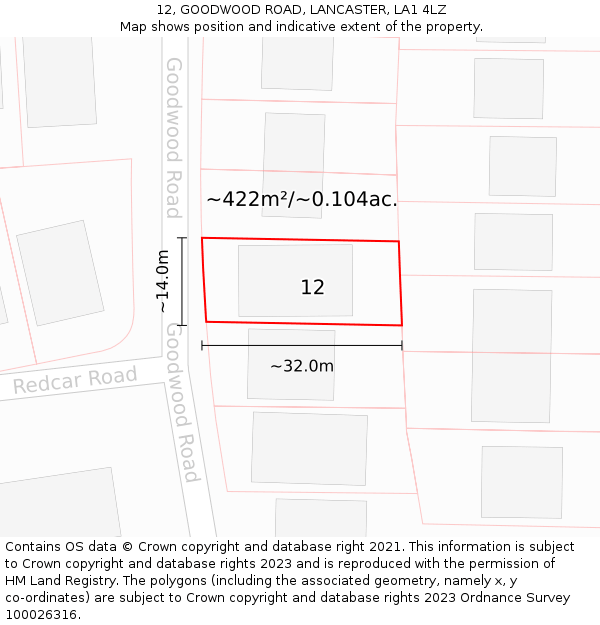 12, GOODWOOD ROAD, LANCASTER, LA1 4LZ: Plot and title map