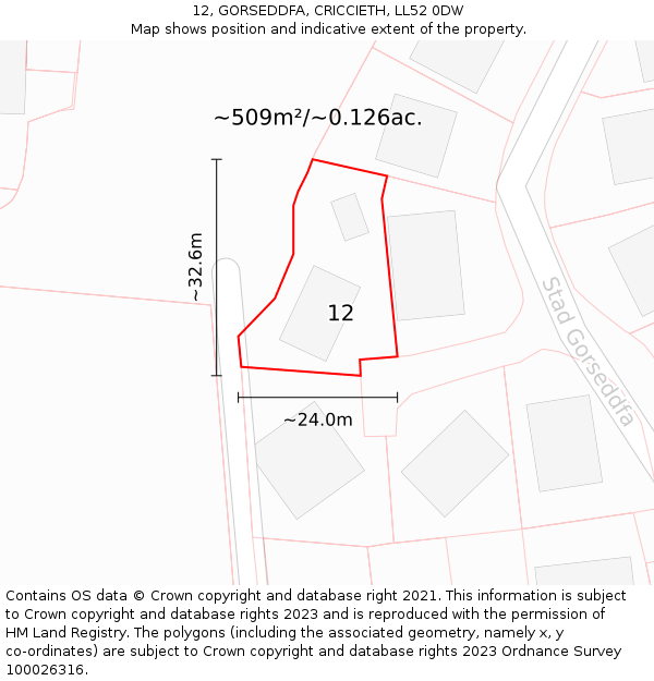 12, GORSEDDFA, CRICCIETH, LL52 0DW: Plot and title map