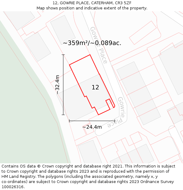 12, GOWRIE PLACE, CATERHAM, CR3 5ZF: Plot and title map