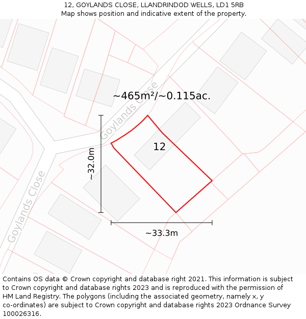 12, GOYLANDS CLOSE, LLANDRINDOD WELLS, LD1 5RB: Plot and title map