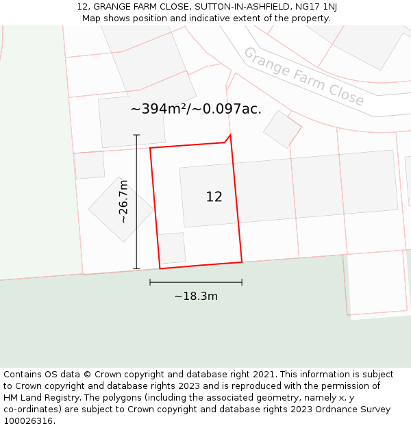 12, GRANGE FARM CLOSE, SUTTON-IN-ASHFIELD, NG17 1NJ: Plot and title map