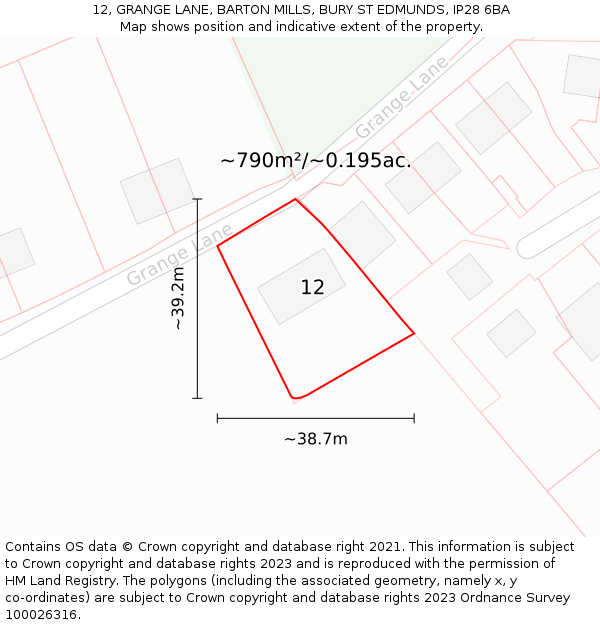 12, GRANGE LANE, BARTON MILLS, BURY ST EDMUNDS, IP28 6BA: Plot and title map