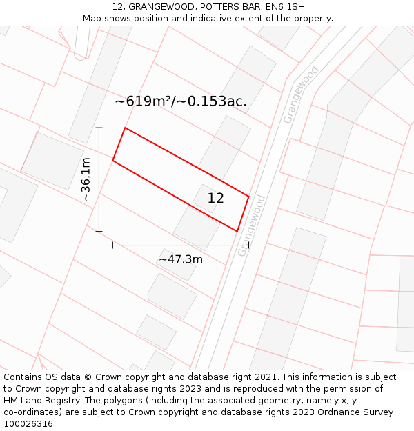 12, GRANGEWOOD, POTTERS BAR, EN6 1SH: Plot and title map