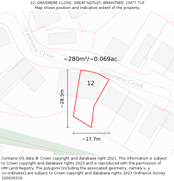 12, GRASMERE CLOSE, GREAT NOTLEY, BRAINTREE, CM77 7UF: Plot and title map