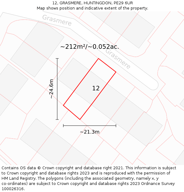 12, GRASMERE, HUNTINGDON, PE29 6UR: Plot and title map