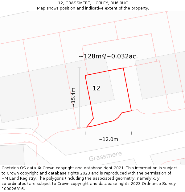 12, GRASSMERE, HORLEY, RH6 9UG: Plot and title map