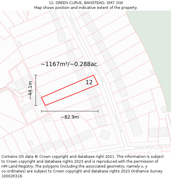 12, GREEN CURVE, BANSTEAD, SM7 1NX: Plot and title map