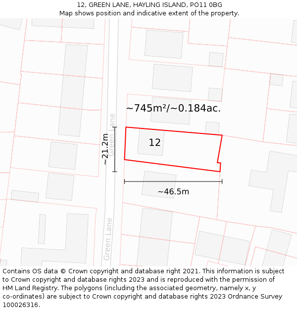 12, GREEN LANE, HAYLING ISLAND, PO11 0BG: Plot and title map