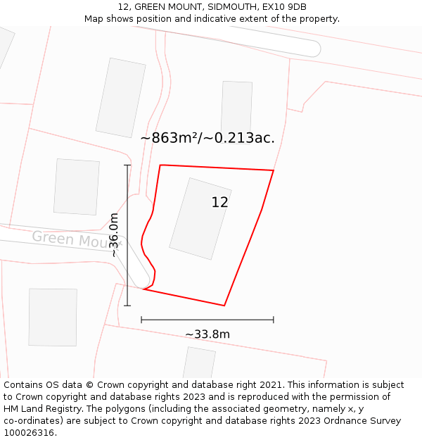 12, GREEN MOUNT, SIDMOUTH, EX10 9DB: Plot and title map