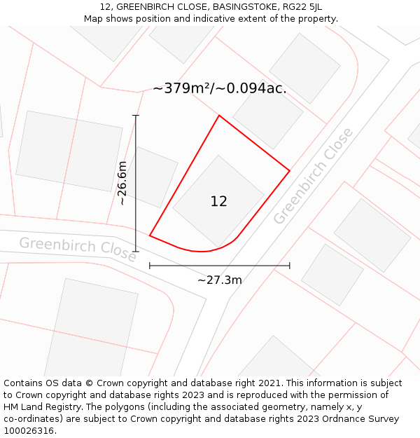 12, GREENBIRCH CLOSE, BASINGSTOKE, RG22 5JL: Plot and title map