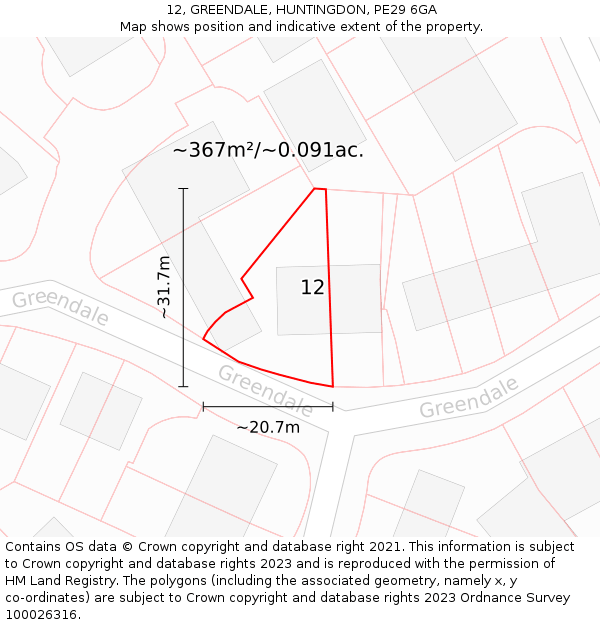 12, GREENDALE, HUNTINGDON, PE29 6GA: Plot and title map