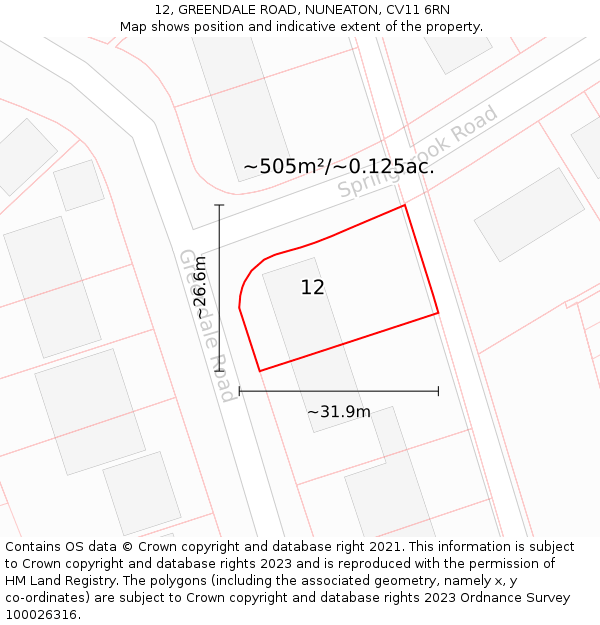 12, GREENDALE ROAD, NUNEATON, CV11 6RN: Plot and title map