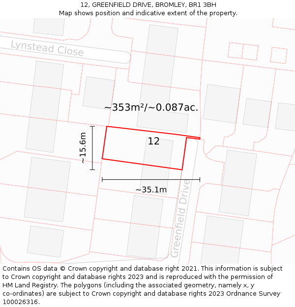 12, GREENFIELD DRIVE, BROMLEY, BR1 3BH: Plot and title map