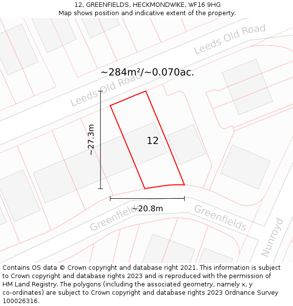 12, GREENFIELDS, HECKMONDWIKE, WF16 9HG: Plot and title map