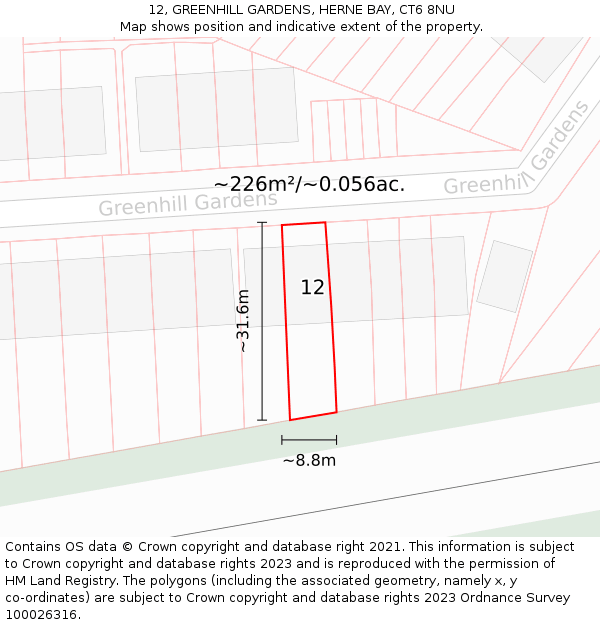 12, GREENHILL GARDENS, HERNE BAY, CT6 8NU: Plot and title map