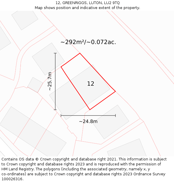 12, GREENRIGGS, LUTON, LU2 9TQ: Plot and title map