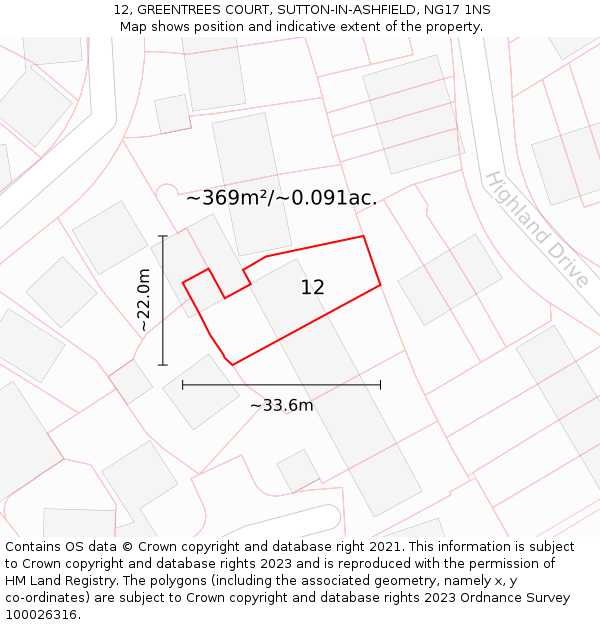 12, GREENTREES COURT, SUTTON-IN-ASHFIELD, NG17 1NS: Plot and title map