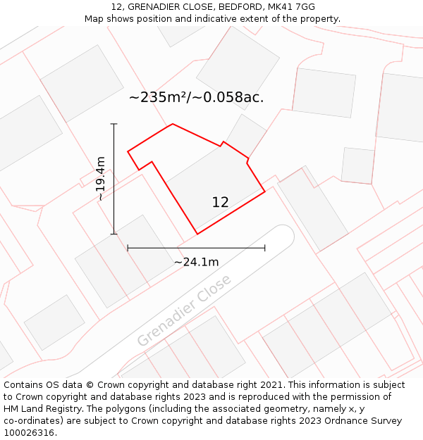 12, GRENADIER CLOSE, BEDFORD, MK41 7GG: Plot and title map