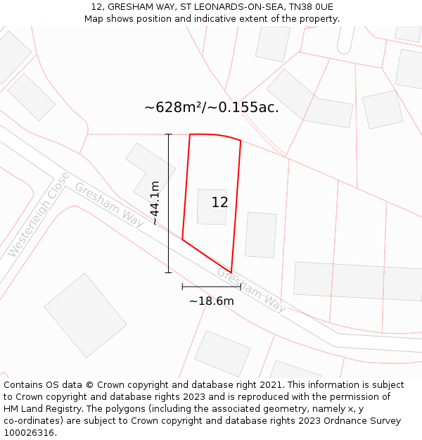 12, GRESHAM WAY, ST LEONARDS-ON-SEA, TN38 0UE: Plot and title map