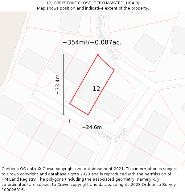 12, GREYSTOKE CLOSE, BERKHAMSTED, HP4 3JJ: Plot and title map