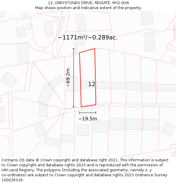 12, GREYSTONES DRIVE, REIGATE, RH2 0HA: Plot and title map