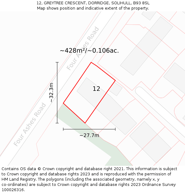 12, GREYTREE CRESCENT, DORRIDGE, SOLIHULL, B93 8SL: Plot and title map