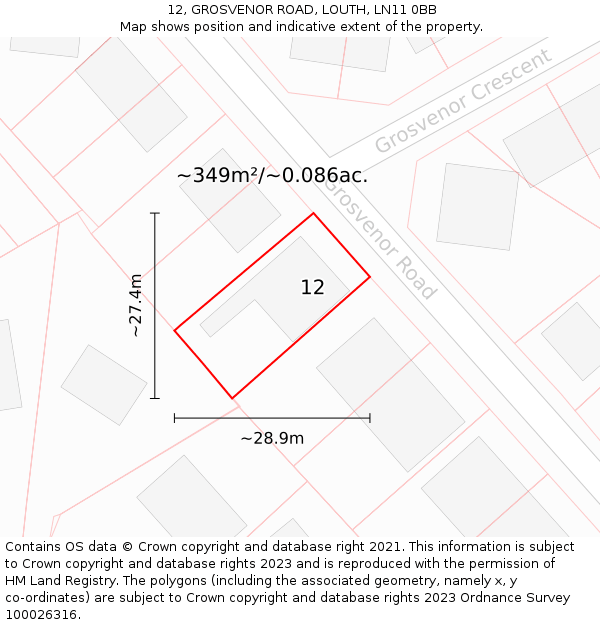 12, GROSVENOR ROAD, LOUTH, LN11 0BB: Plot and title map