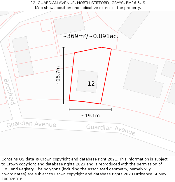 12, GUARDIAN AVENUE, NORTH STIFFORD, GRAYS, RM16 5US: Plot and title map