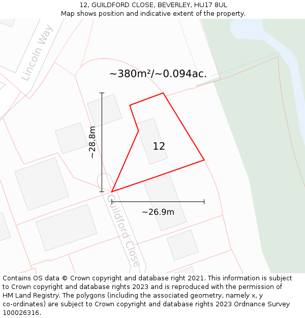 12, GUILDFORD CLOSE, BEVERLEY, HU17 8UL: Plot and title map