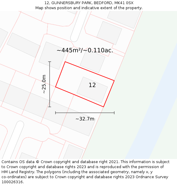 12, GUNNERSBURY PARK, BEDFORD, MK41 0SX: Plot and title map