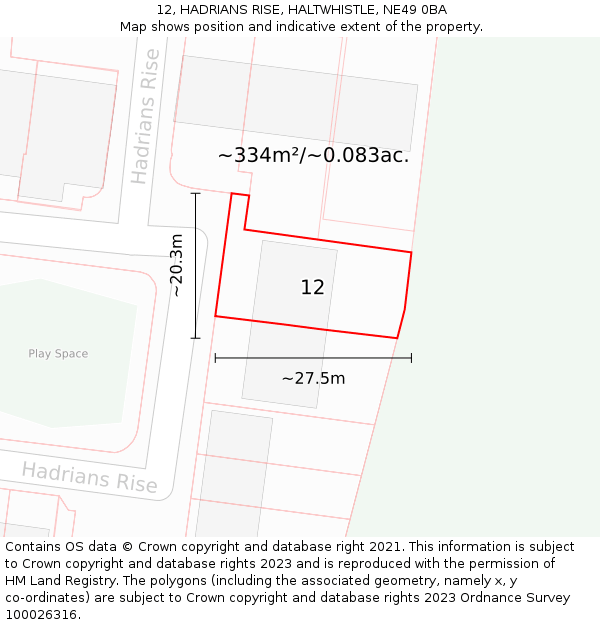 12, HADRIANS RISE, HALTWHISTLE, NE49 0BA: Plot and title map