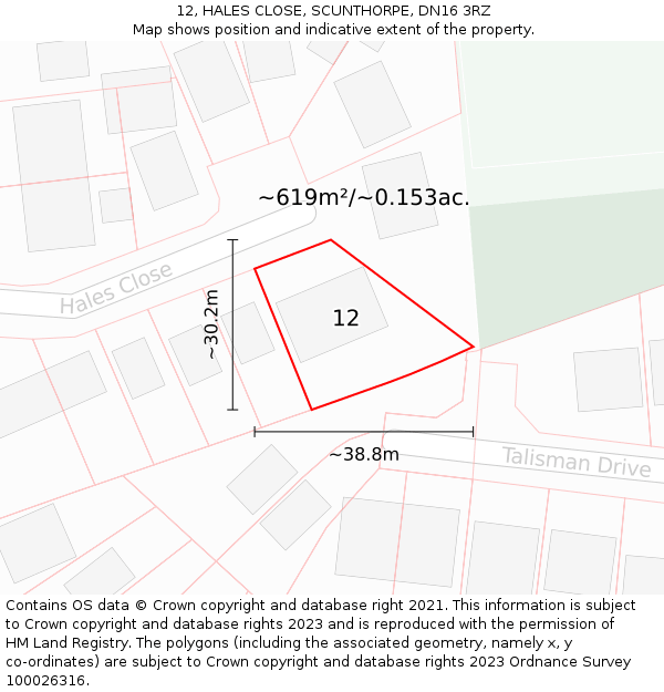 12, HALES CLOSE, SCUNTHORPE, DN16 3RZ: Plot and title map