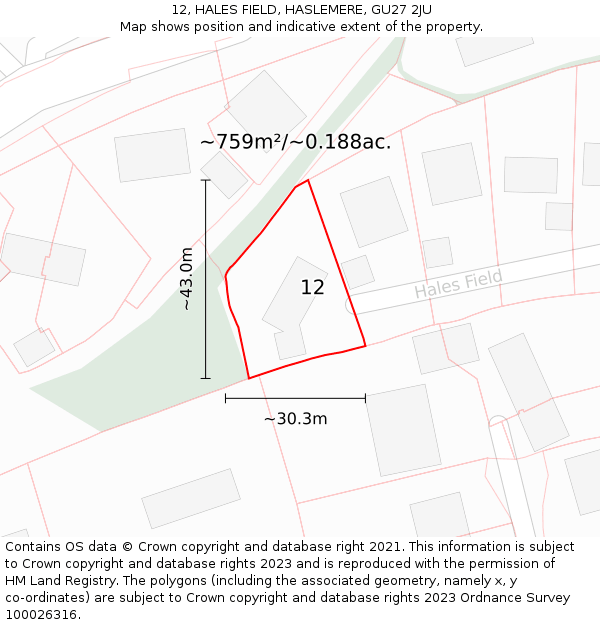 12, HALES FIELD, HASLEMERE, GU27 2JU: Plot and title map