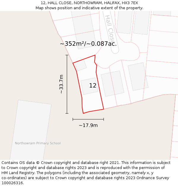 12, HALL CLOSE, NORTHOWRAM, HALIFAX, HX3 7EX: Plot and title map