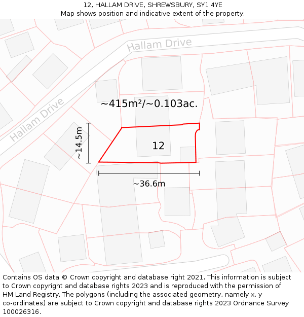 12, HALLAM DRIVE, SHREWSBURY, SY1 4YE: Plot and title map