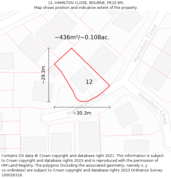 12, HAMILTON CLOSE, BOURNE, PE10 9PL: Plot and title map