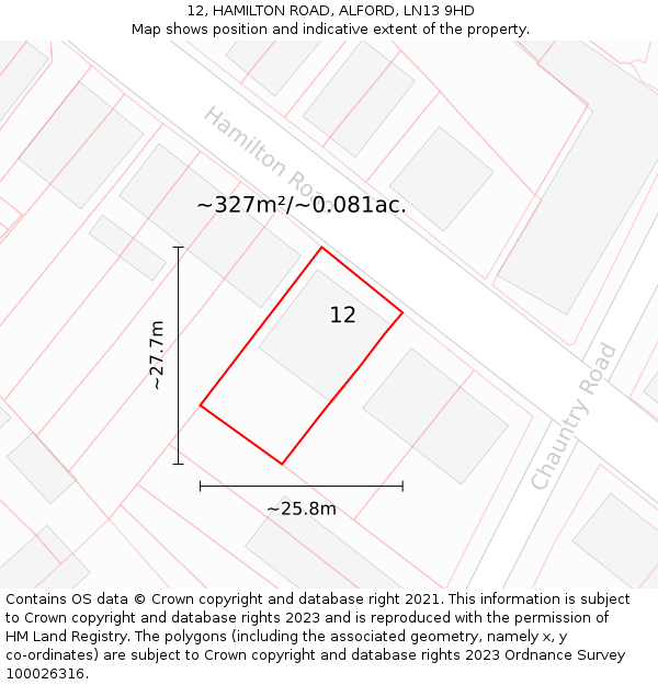 12, HAMILTON ROAD, ALFORD, LN13 9HD: Plot and title map