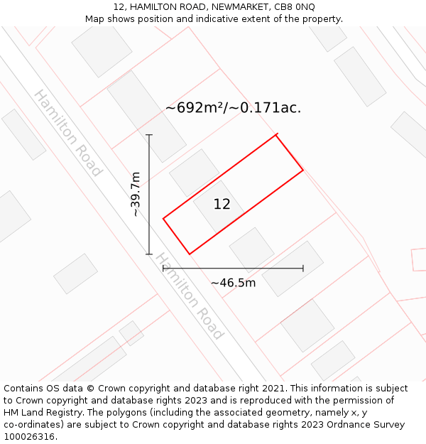 12, HAMILTON ROAD, NEWMARKET, CB8 0NQ: Plot and title map