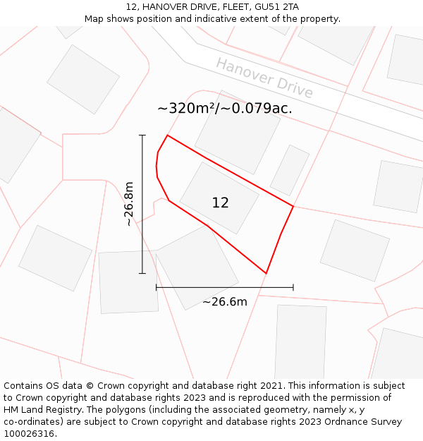 12, HANOVER DRIVE, FLEET, GU51 2TA: Plot and title map