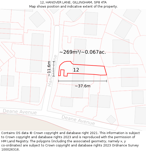 12, HANOVER LANE, GILLINGHAM, SP8 4TA: Plot and title map