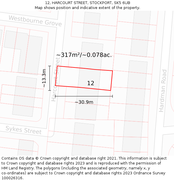 12, HARCOURT STREET, STOCKPORT, SK5 6UB: Plot and title map