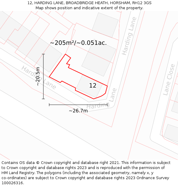 12, HARDING LANE, BROADBRIDGE HEATH, HORSHAM, RH12 3GS: Plot and title map