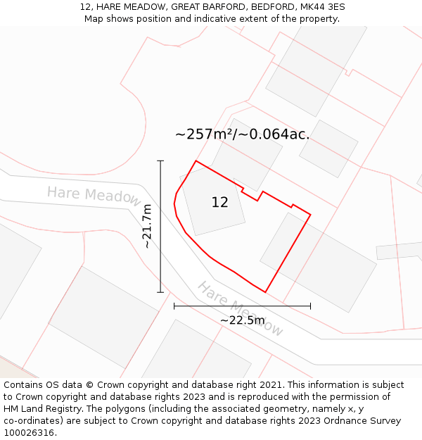 12, HARE MEADOW, GREAT BARFORD, BEDFORD, MK44 3ES: Plot and title map