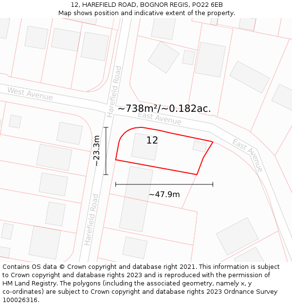 12, HAREFIELD ROAD, BOGNOR REGIS, PO22 6EB: Plot and title map