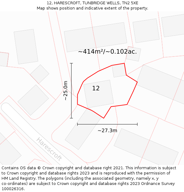 12, HARESCROFT, TUNBRIDGE WELLS, TN2 5XE: Plot and title map