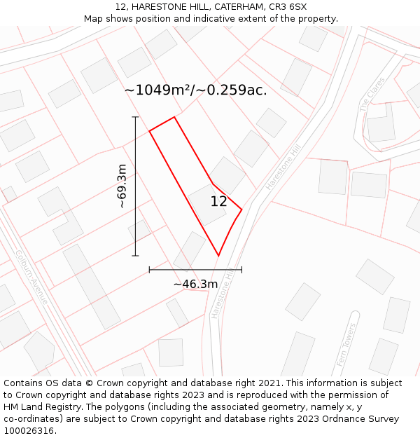 12, HARESTONE HILL, CATERHAM, CR3 6SX: Plot and title map